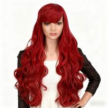 28-Inch Women's Red Long Curly Synthetic Wig With Bangs, Full Wig Head Piece - Red - View 5