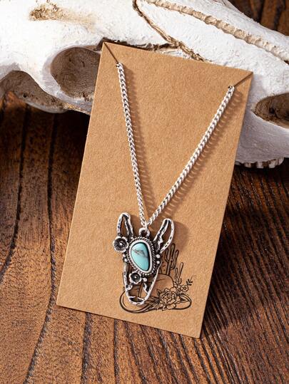 1件蓝色绿松石装饰西部牛仔风格十字蝴蝶蜻蜓牛头马吊坠项链（女士款）