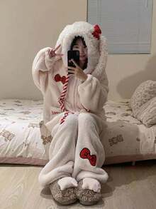 1件可爱兔耳红色蝴蝶结连帽浴袍,珊瑚绒卡通风格浴袍 - 冬季保暖珊瑚绒卡通动物连帽浴袍,带大口袋和袖口的连帽浴袍,情人节礼物长袖保暖加厚纽扣休闲家居服套装,女士睡衣套装,秋冬 - 彩色 - 查看 4