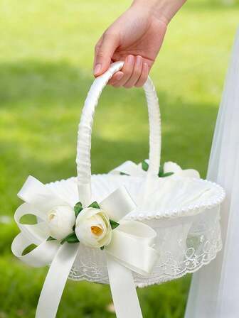 1 White Lace Pearl Flower Basket (Diameter 8.5 Inches)With White Flower And Ribbon Bow Decoration, Foldable Handheld Design,For Wedding Flower Girl Petal Throwing Festive Decor