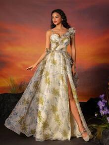 VIPGIRL 花卉印花网纱荷叶边不对称领口晚礼服 - 黃色 - 查看 3