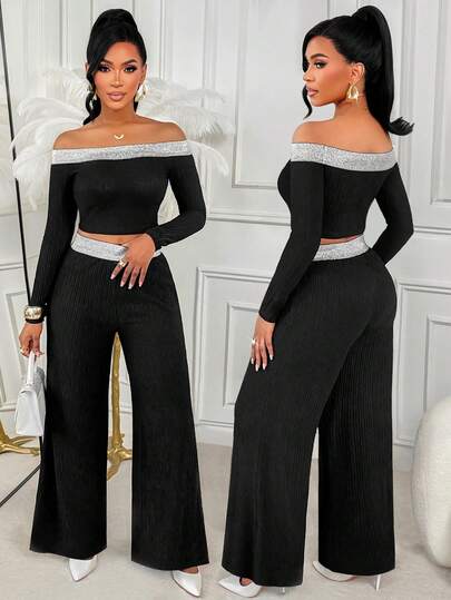 Amarilo Black Color Sexy Off Shoulder Long Sleeve Slim Fit Crop Top And Wide Leg Pants Women's Two Pieces Set With Silver Ribbon Splicing Design And Knit Stretch Striped Fabric, Daily Casual Going Out Outfits, Office Outfits For Women, Chic Style, Fall Clothes For Women, Winter Outfits For Women