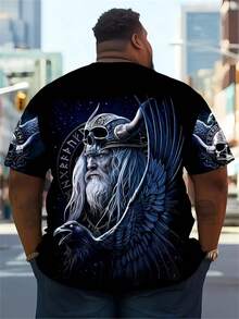 加大码男士奥丁战士维京风格3D印花T恤 - 休闲圆领短袖常规版型，100%涤纶针织面料，弹力十足，北欧神话设计 - 彩色 - 查看 4