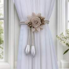New Elegant Floral Curtain Tiebacks - Adjustable, 4 Colors (Pink, Blue, White, Champagne) Available, Graceful Wheat Flower Curtain Tie Backs - Luxury Adjustable, Decorative, Suitable For Bedroom And Dining Room, Modern Style, Golden Trim, Curtain Decor | Floral Decor |, With Tassels, Polyester Rope, Bedroom And Dining Room Decor, Living Room Curtains - Multicolor - View 14