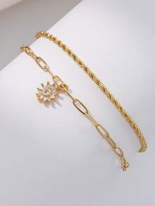 Set de 2 piezas de pulsera apilable con cadena básica multicapa, cadena trenzada, cadena de clip de papel, flor de girasol con incrustaciones de cobre y circonita, regalo de joyería - Amarillo Oro - Ver 5
