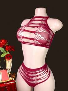 Set de 2 piezas de lencería con mono de encaje sexy - Burdeos - Ver 2