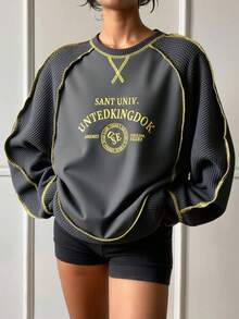Livesso sweat-shirt femme à col rond, coutures contrastées, patchwork à l'avant avec impression de lettre, manches lanternes lâches, doublure thermique épaisse. sweat-shirt Y2k pour l'automne et l'hiver, en tricot gaufré, avec broderie, oversize, avec surpiqûres contrastées - Gris - Voir 2