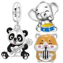 1 Pc Silver Plated Charm Animal Concert Panda Guitar Pendant & Elephant Drumming Bead & Hamster Bead For Original Bracelet Necklace DIY Jewelry Making Fit Women Birthday Gift