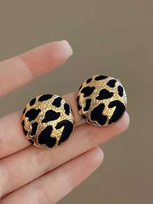 1 Pair Retro Elegant Chic High-End Black & Gold Leopard Print Geometric Minimalist Design Earrings, Suitable For Women's Daily, Commute, And Party Wear