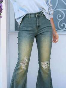 (Cotton Blend) Women's Vintage Knee-Ripped Stretch Flare Leg Jeans - Navy Blue - View 4