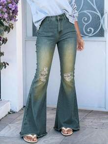 (Cotton Blend) Women's Vintage Knee-Ripped Stretch Flare Leg Jeans - Navy Blue - View 3
