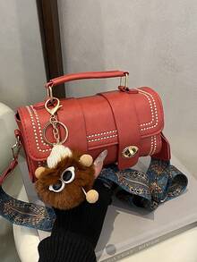1pc Mini Retro Cylinder Handbag For Women, Daily Use (With Furry Accessory) - Red - View 7