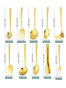 10 Piece Cooking Utensil Set Stainless Steel Kitchen Tool Set , Potato Masher, Meat Fork, Tongs, Turner, Pasta, Serving Spoon, Skimmer, Ladle, Spatula Spoon Set