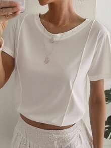 Livesso Solid Seam Detail Tee Old Money Style Business Casual Woman Work Clothes - White - View 3