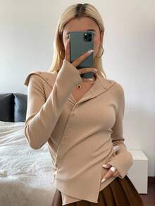 Livesso 女式不对称连帽韩版休闲长袖纯色毛衣，春秋季 - 卡其色 - 查看 5