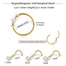 18G Opal Nose Ring, 8mm/10mm, Hypoallergenic 316L Surgical Stainless Steel - Suitable For Nostril/Septum Piercings And Cartilage Piercings, Unisex, Ideal For Everyday Wear, Promotes Healing, Designed For New Piercings, Comfortable To Wear, And Won't Interfere With Sleep. - AB Color - View 4