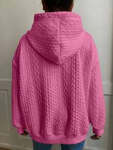 Plus Size Women Loose Casual Solid Color Jacquard Knit Long Sleeve Sweatshirt Spring - Rose Red - 1 - View 2