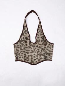 Apperloth A Y2K Vintage Leopard Print V-Neck Boned Grommet Eyelet Front Lace Up Back Halter Corset Shapewear Party Crop Tank Top Edgy Sexy Music Festival