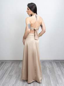 Conjunto Saia Longa Cropped Feminino Frente Única Amarração Cetim Moda Gringa Verão