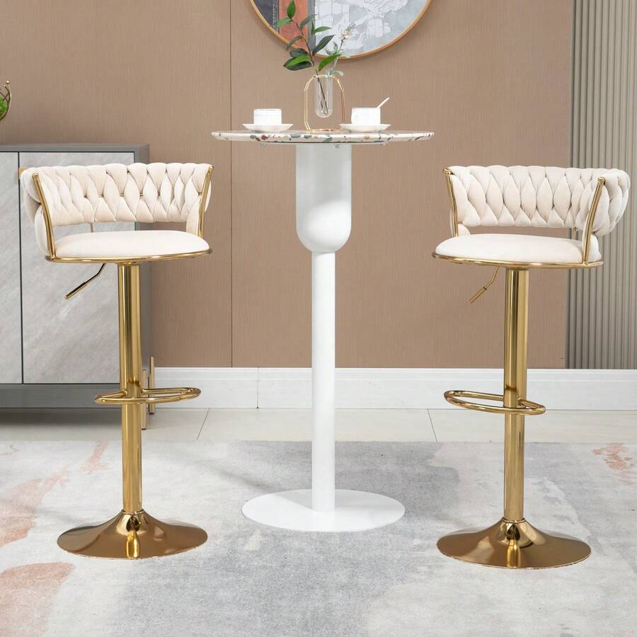 Former SKU: W1880109438, Same 360° Set Of 2 Swivel Bar Stools, Handcrafted Backrest, One-Button Height Adjustable Bar Stools, Super Soft Padded Kitchen Dining Chair, Kitchen Island - Ivory + Velvet + Foam - View 1