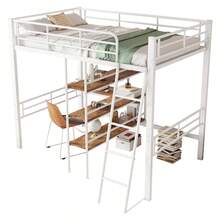 High Bed, 90*200cm, Without Mattress, Bed With Desk, Multiple Shelves, Railing, Ladder, Iron Frame, Black - 白色 + 金屬 + 90厘米*200厘米 - 查看 10