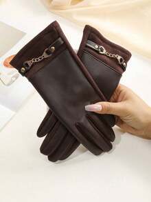 1 Pair Women's Brown Faux Leather Touchscreen Gloves With Thermal Lining, Fashionable Motorcycle Style, Suitable For Outdoor Cycling, Spring/Autumn/Winter - Brown - View 1
