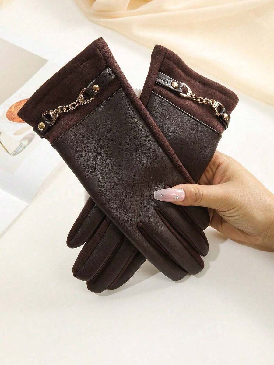 1 Pair Women's Brown Faux Leather Touchscreen Gloves With Thermal Lining, Fashionable Motorcycle Style, Suitable For Outdoor Cycling, Spring/Autumn/Winter - Brown - View 1