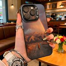 Cubierta de teléfono con diseño de montaña y arcoíris color marrón oscuro para iPhone 15 Pro Max ideal para uso diario en cafeterías - Blanco - Ver 1