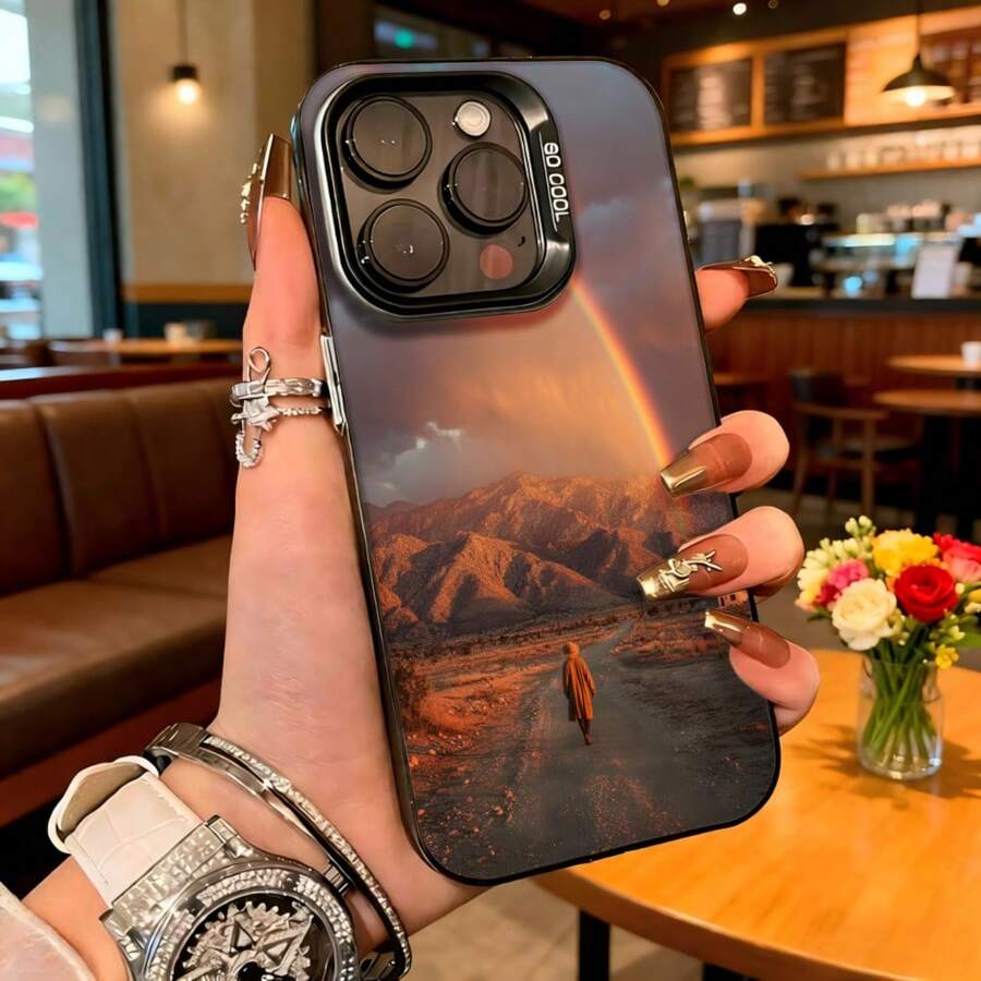 Cubierta de teléfono con diseño de montaña y arcoíris color marrón oscuro para iPhone 15 Pro Max ideal para uso diario en cafeterías - Blanco - Ver 1