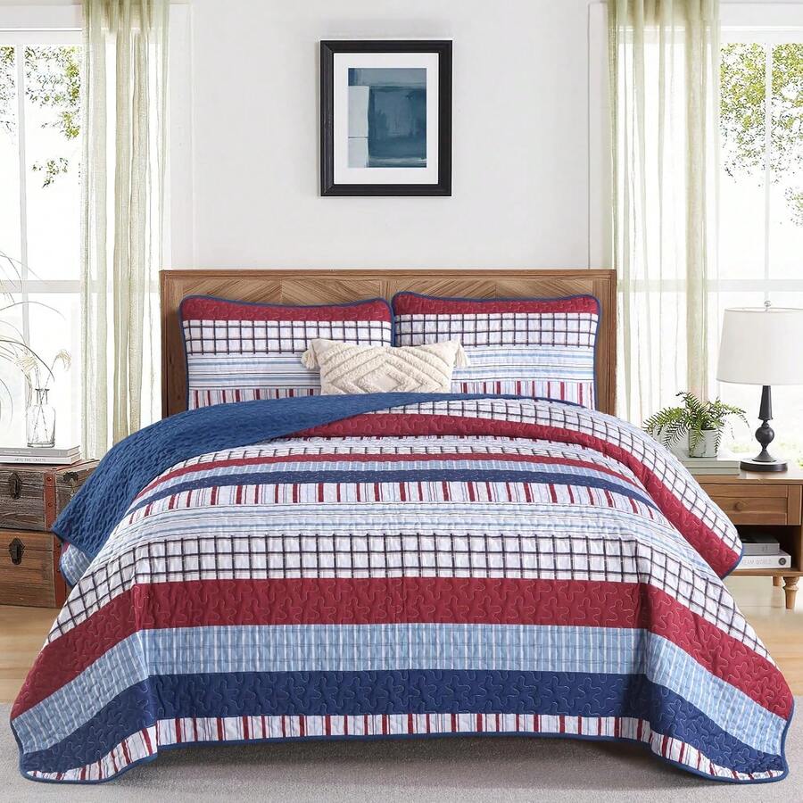 3 Pieces Striped Quilt Set Queen King Size, Red Blue Boho Striped Bedspread Coverlet Set 3 Pieces Lightweight Soft Microfiber Patchwork Quilt Bedding Set For All Season,Home Decor Bedroom Decor Mothers Day Gift Wedding Decorations - 紅藍 - 查看 1