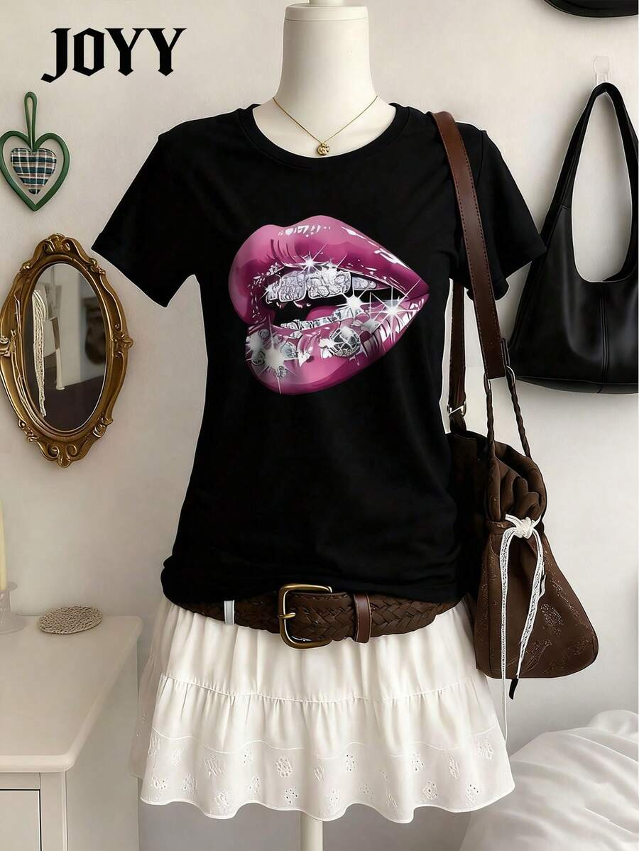 DEAR MOLLY Lip Print Bling Bling T-Shirt, Sexy Lip Pattern, Round Neck Party/Holiday Gift Top For Women - Black - View 1