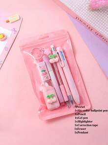 7件套卡通学习文具套装，包含可爱铅笔、橡皮擦、修正带和圆珠笔，适合学生办公使用，是返校季的理想礼物。