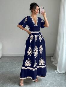 Mujeres Vintage Impreso Cuello en V Cintura Cincha A-Line Hem Vestidos,vestidos elegantes para dama - Azul Marino - Ver 1