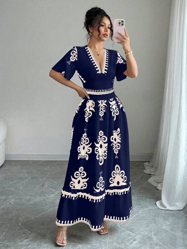 Mujeres Vintage Impreso Cuello en V Cintura Cincha A-Line Hem Vestidos,vestidos elegantes para dama