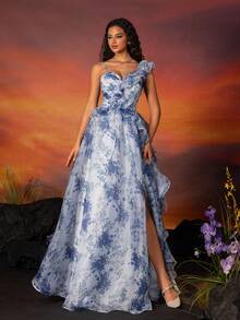 VIPGIRL Floral Print Mesh Ruffle Trim Asymmetric Neck Evening Maxi Dress - Blue - View 3