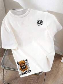 Camiseta de cuello redondo de manga corta con estampado informal para niños preadolescentes, top de verano - Blanco - Ver 7