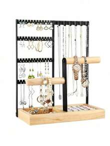 1pc Elegant Jewelry Organizer, 4-Tier Earring Holder With 48 Holes, 6 Hooks Necklace Storage, Stylish Wood Box For Bracelets & Rings, Perfect Gift For Mother's Day, Preppy Room Dr, Ideal For Valentine's Day, Thanksgiving, And Christmas Celebrations, Enhance Your Space With Functional And Chic Accessories, Must-Have For Fashion Lovers And Jewelry Enthusiasts, Organize Your Treasures In Style, Perfect For Gifting And Personal Use, Elevate Your Home Dr With This Versatile Jewelry Storage Solution.,Room Décor - Multicolor - View 14