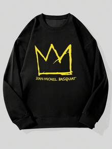 Unisex'S Casual Crew Neck Sweatshirt With Crown Graphic - Jean-Michel Basquiat Design, Loose Fit, Long Sleeve, Solid Color, Everyday Comfort Apparel  Crown Graphic Sweatshirt  Stretchy Fabric Sweatshirt, Unisex Hoodie - màu đen - Xem 1