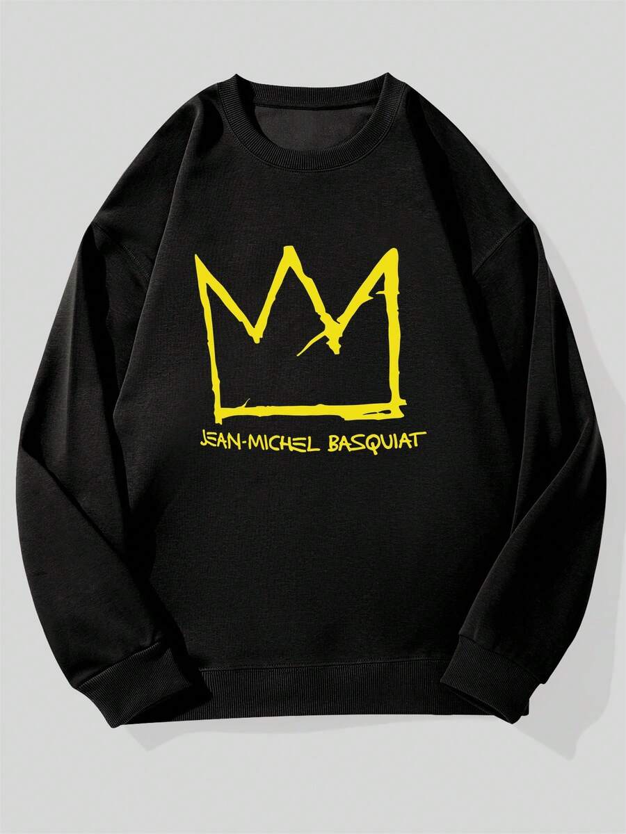 Unisex'S Casual Crew Neck Sweatshirt With Crown Graphic - Jean-Michel Basquiat Design, Loose Fit, Long Sleeve, Solid Color, Everyday Comfort Apparel  Crown Graphic Sweatshirt  Stretchy Fabric Sweatshirt, Unisex Hoodie - màu đen - Xem 1