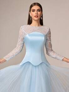 VIPGIRL Elegant Luxury Women's Formal Dress, Round Neck Lace Sleeves, Contrast Color Flared Mesh Dress, Valentine's Day Party - Baby Blue - View 10