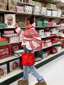 Joy Knit Women's Sweater Autumn/Winter Fashion New Style - All-Match Tops - Minimalist Casual Fashion Versatile - Loose Christmas Striped Round Neck Pullover Knit Top - Red and White - View 3