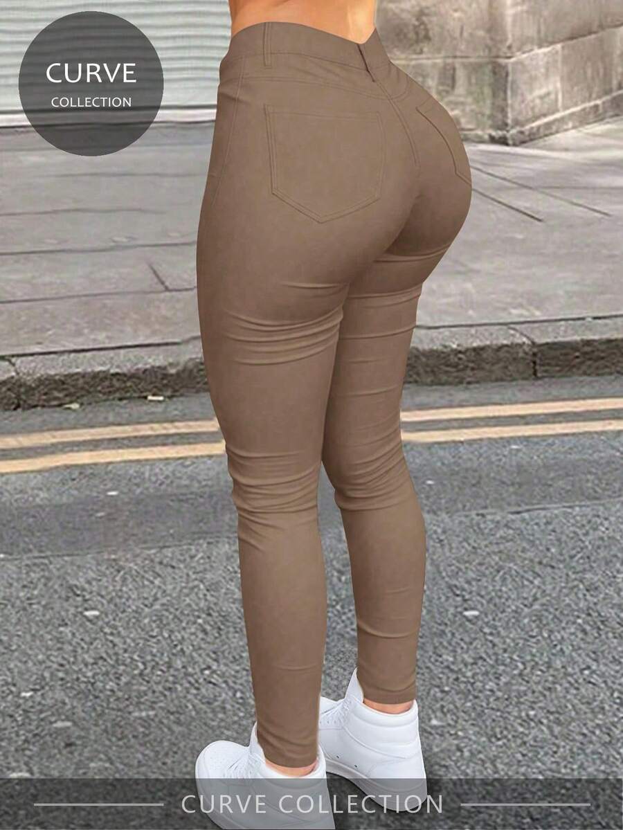 Apperloth A 加大高腰口袋拉链门襟纯色紧身裤