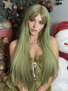 28英寸绿色长直假发，带刘海，耐热合成纤维，优雅时尚，独特发色，适合日常佩戴、派对、角色扮演等场合。也是万圣节和圣诞节送给女性的完美礼物。 - 綠色 - 查看 2