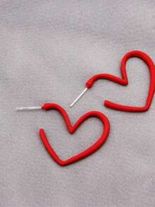 1 Pair Minimalist Solid Color Heart Geometric Earrings, Korean Style, Suitable For Valentine's Day - Red - View 3