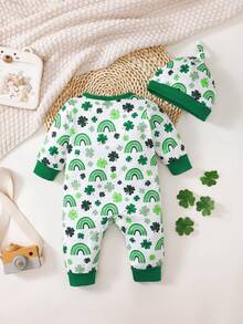 1pc Baby Boys' Green Four-Leaf Clover Print Hooded Front Snap Closure Romper + Hat Set - Green - View 2