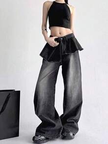 黑灰色二合一牛仔裙裤，宽松喇叭腿设计，百搭，秋季新品 - 黑色 - 查看 1