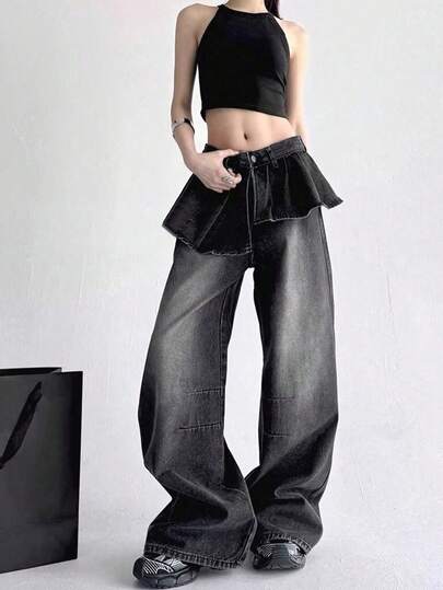 黑灰色二合一牛仔裙裤，宽松喇叭腿设计，百搭，秋季新品