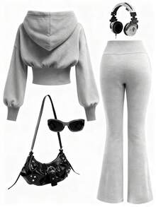 Tween Girl Letter Graphic Hoodie Sweatshirt And Flare Pants Set - Grey - View 2