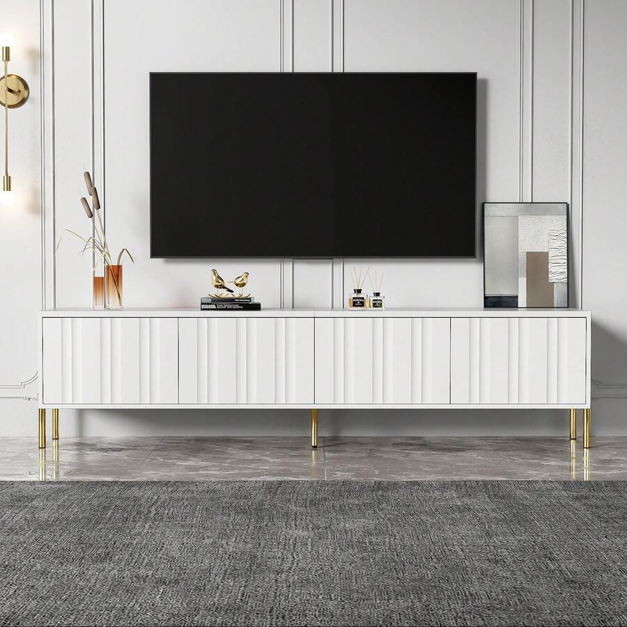 Black And White TV Unit Measuring 190 Cm (W) X 38 Cm (D) X 48 Cm (H) With Gold Table Legs. - White - View 1