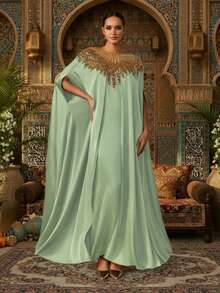 奢华绿色卡夫坦长袍，饰以金色亮片，缎面面料，派对阿巴雅长袍，卡夫坦长袍，阿巴雅长袍（宽松版型 - 请查看尺码表） - 薄荷綠 - 查看 6